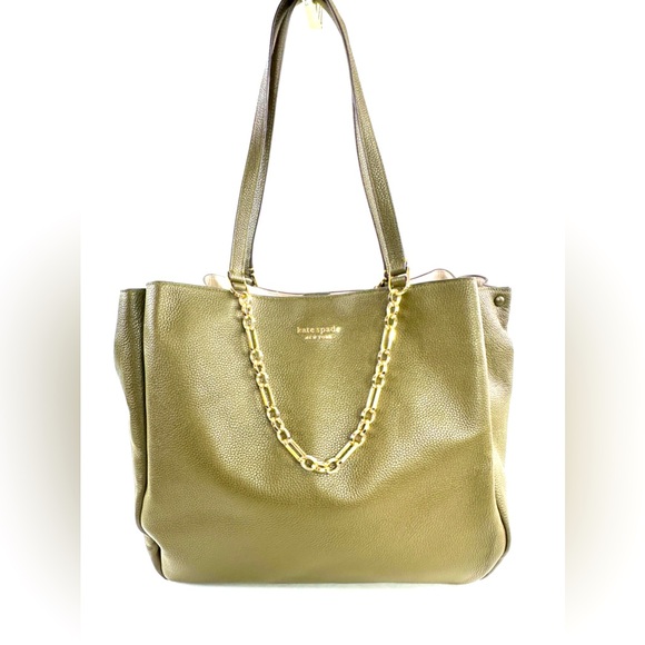 Kate Spade Olive Green Pebbled Leather Large Tote Shoulder Bag Chain Straps - Picture 1 of 14